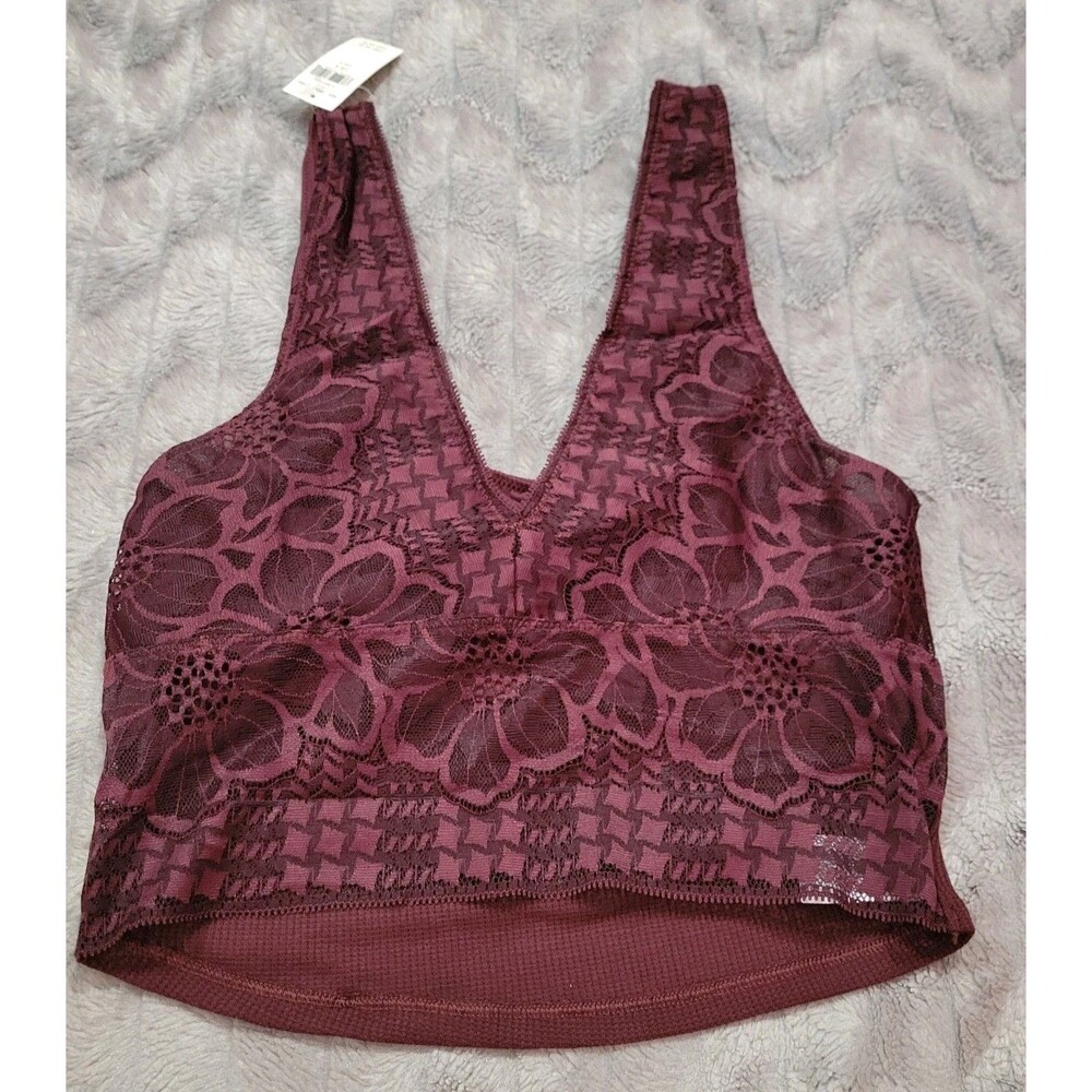 Aerie Womens S Burgundy Pull Over Boho Floral Lace Bra Bralette NWT